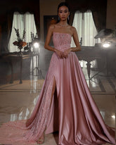 Modern Pink Long A-line Sequins Satin Prom Dress with Slit